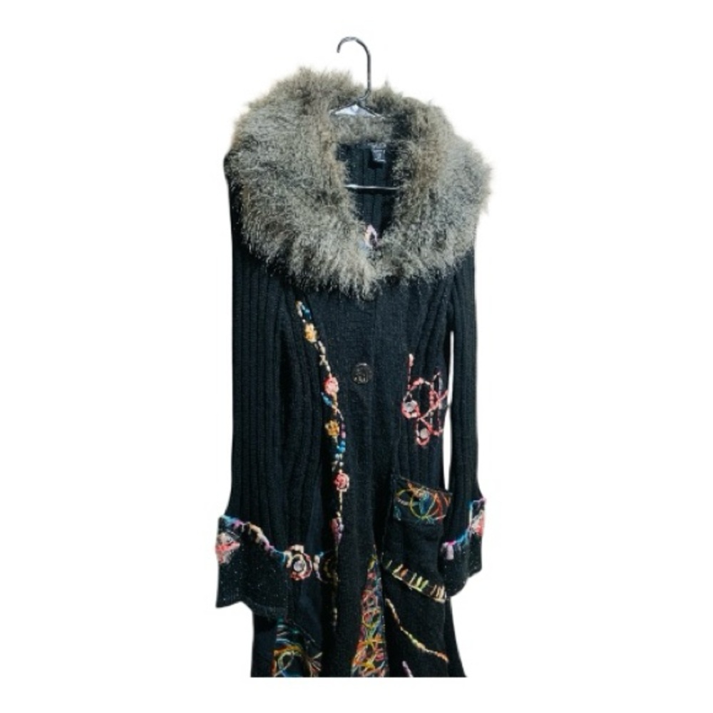 Moka’s Bohemian Woven Sweater with Faux Fur Collar and Colorful Embroidery Sz XL - Picture 3 of 8